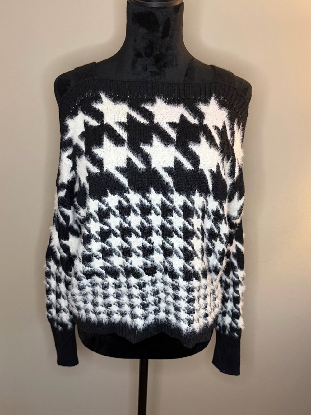 Express Black & White Houndstooth Off-the-Shoulder Sweater